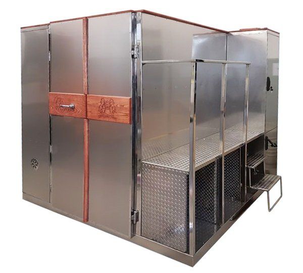 A cryochamber for horses with a wooden door and stairs