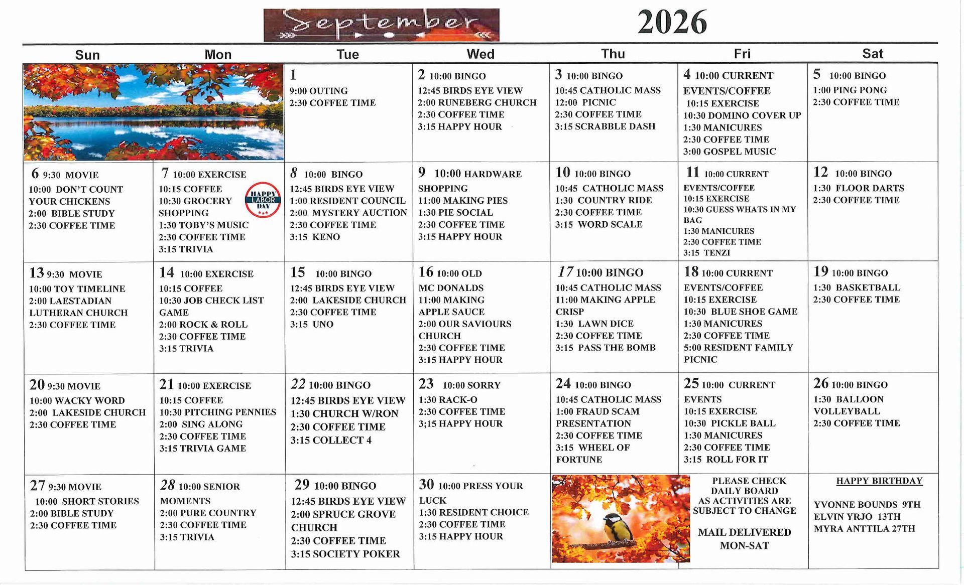 October events calendar image for green pine acres nursing home in menahga, minnesota