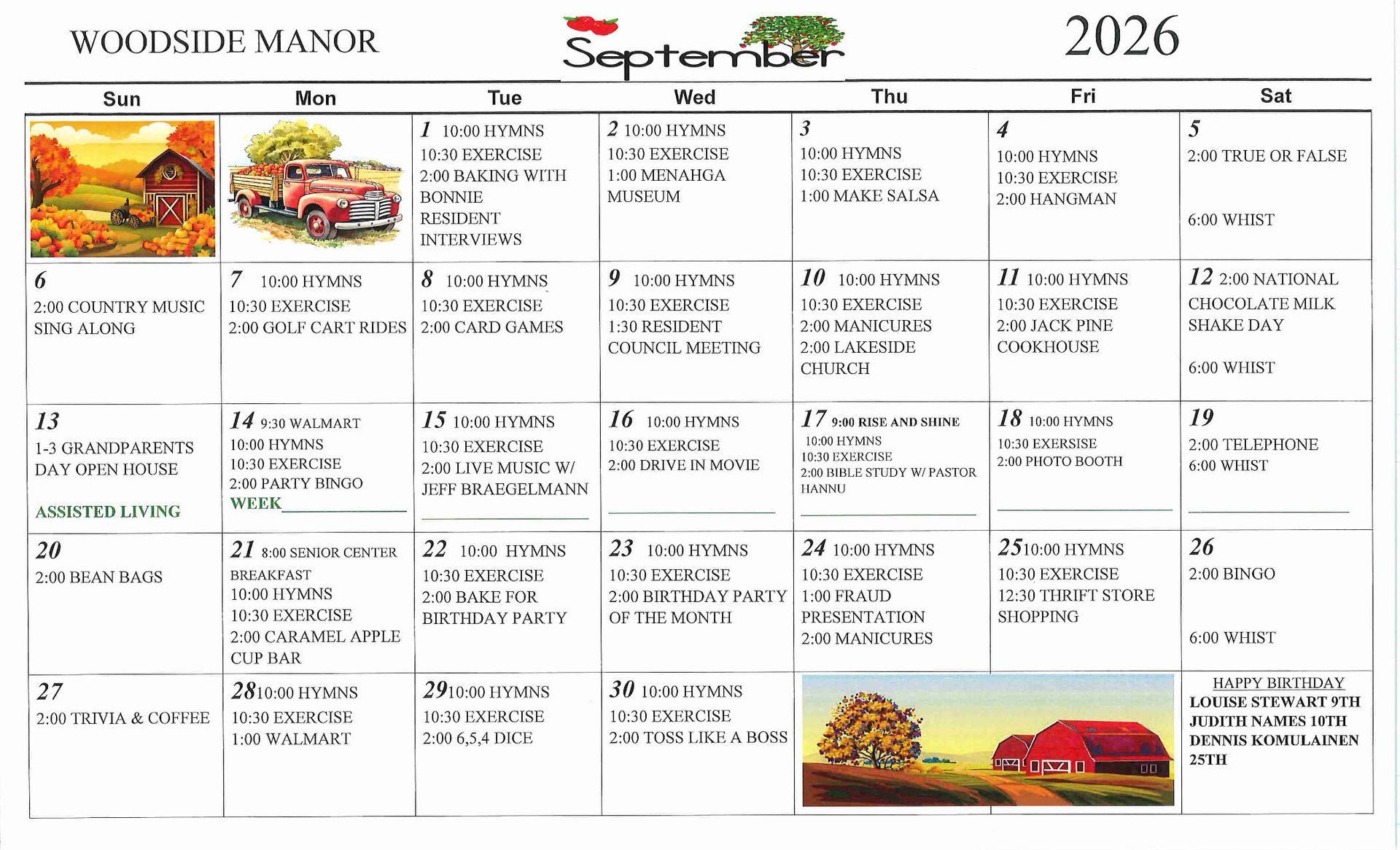 October events calendar image for woodside manor assisted living in menahga, minnesota