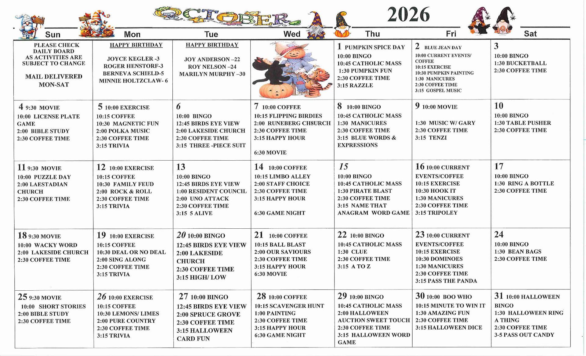 October events calendar image for green pine acres nursing home in menahga, minnesota