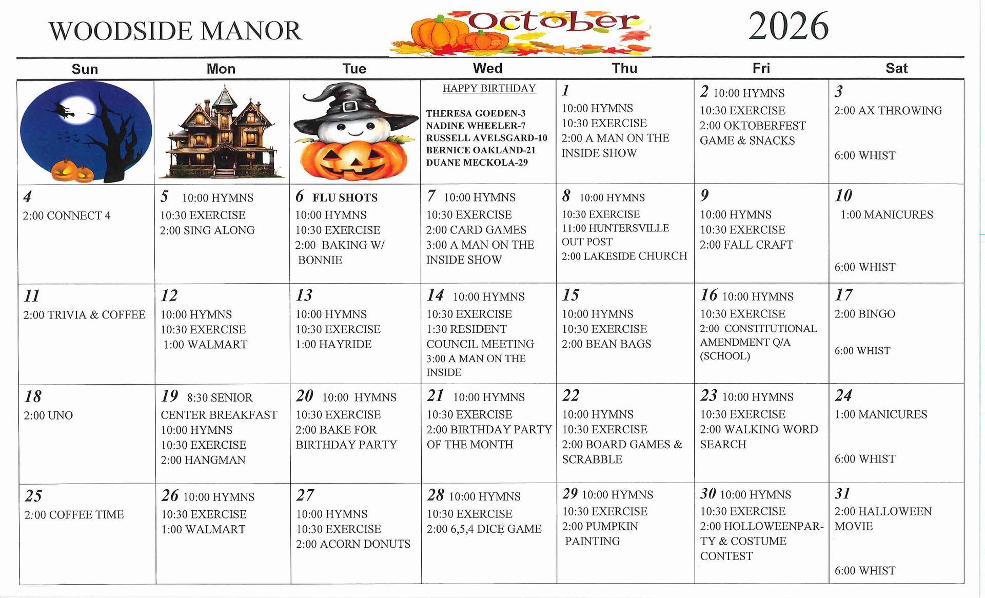 October events calendar image for woodside manor assisted living in menahga, minnesota