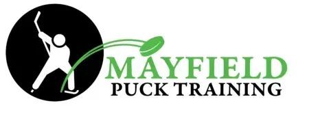 Mayfield Puck Training logo with green text and a black circle showing a white hockey player silhouette