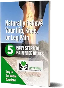 Book cover about relieving hip, knee, and leg pain with 5 easy steps and a Mayfield logo