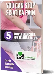 Book cover promoting 5 simple exercises to relieve sciatica pain, with legs stretching and Mayfield logo.