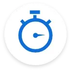 Blue stopwatch icon inside a white circle.
