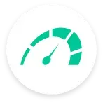 Green speedometer gauge icon with a needle pointing upward