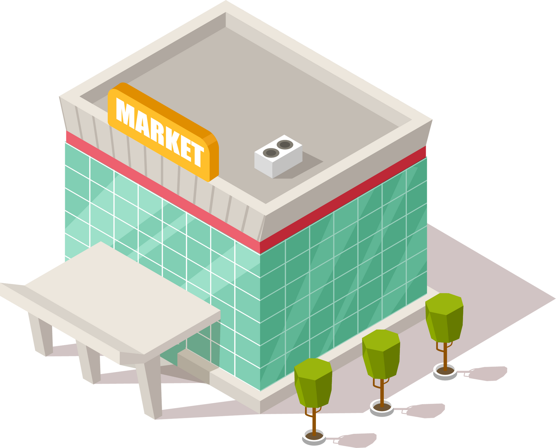 Isometric market building illustration representing pest control for retail in Coeur d'Alene