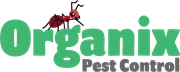 Logo for Organix Pest Control: green text with a red ant on top,