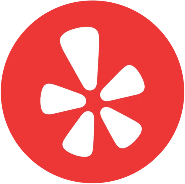 Yelp logo: White stylized flower emblem on a red circle.