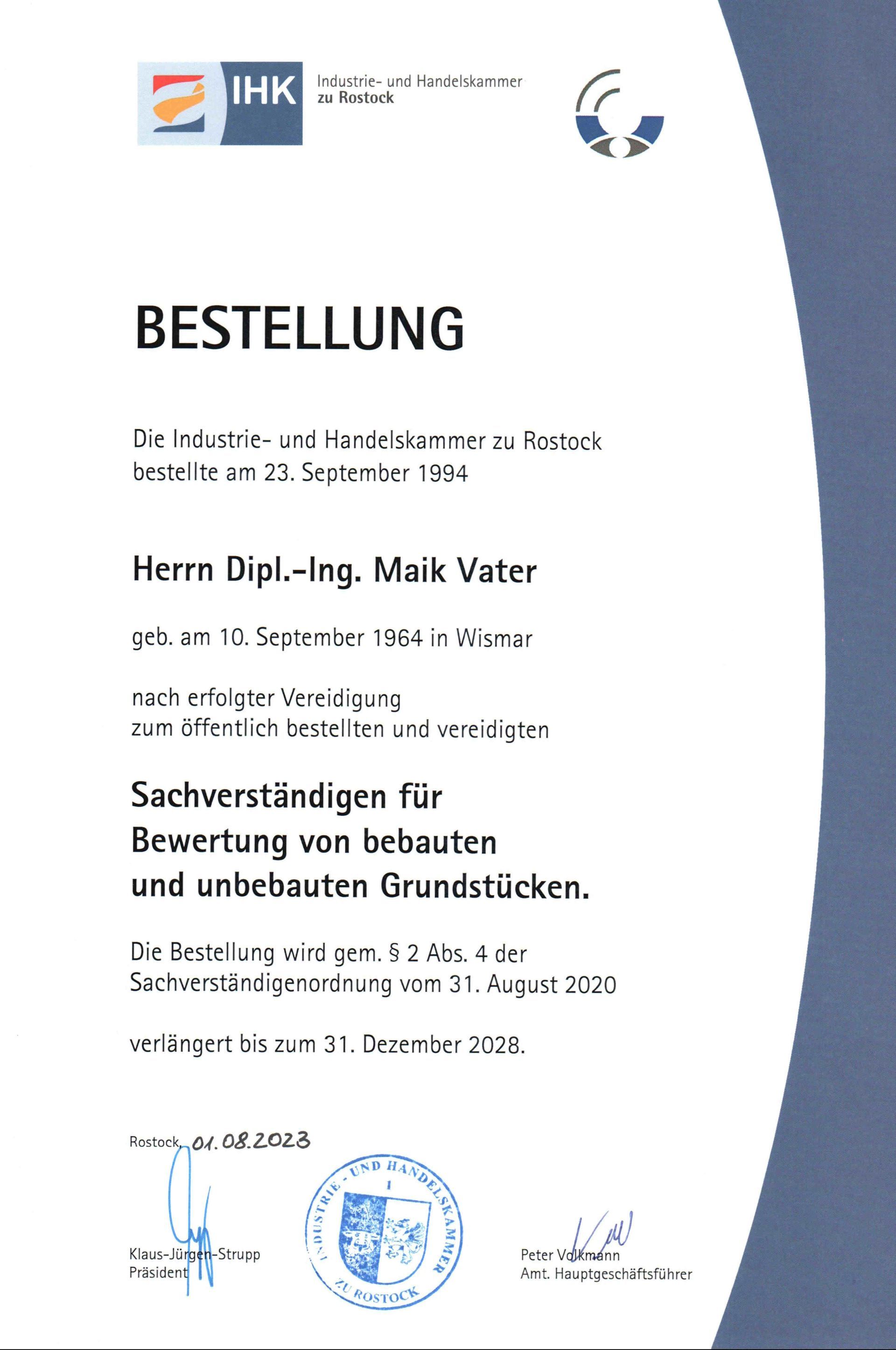 Bestallungsurkunde von der IHK Rostock zum öffentlich bestellten und vereidigten Sachverständigen, Immobilienbewertung in Mecklenburg Vorpommern Ein blaues Zertifikat mit dem Wort Bestellung darauf