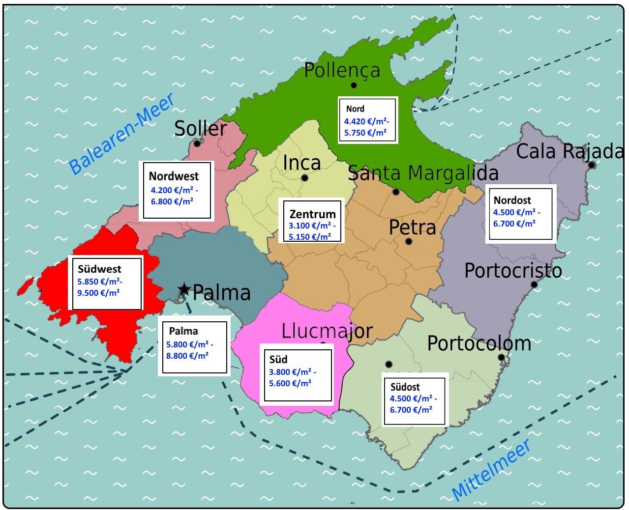 Eine Karte von Palma und Portocristo mit Beschriftungen darauf