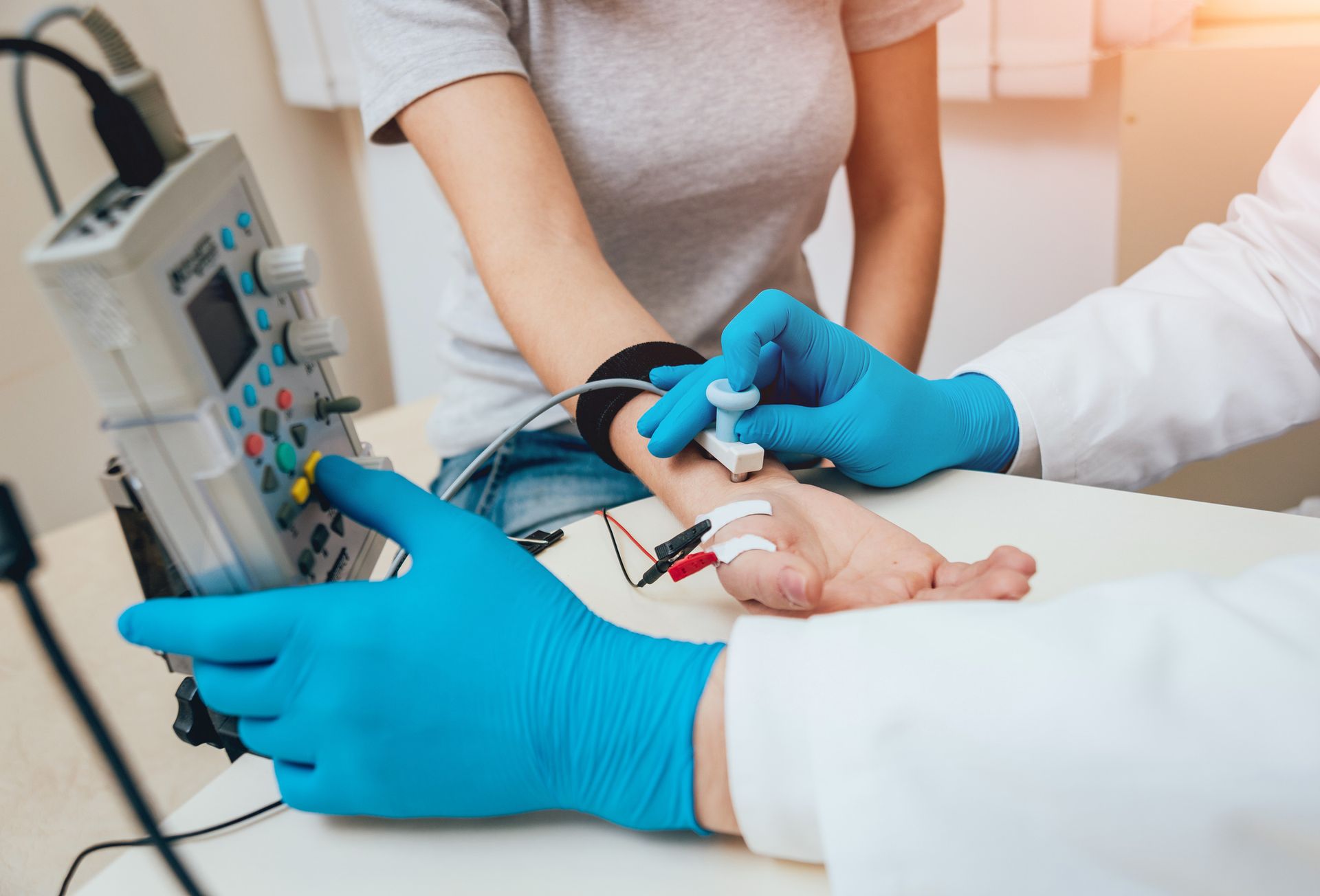 A doctor is examining a patient 's wrist with a machine.