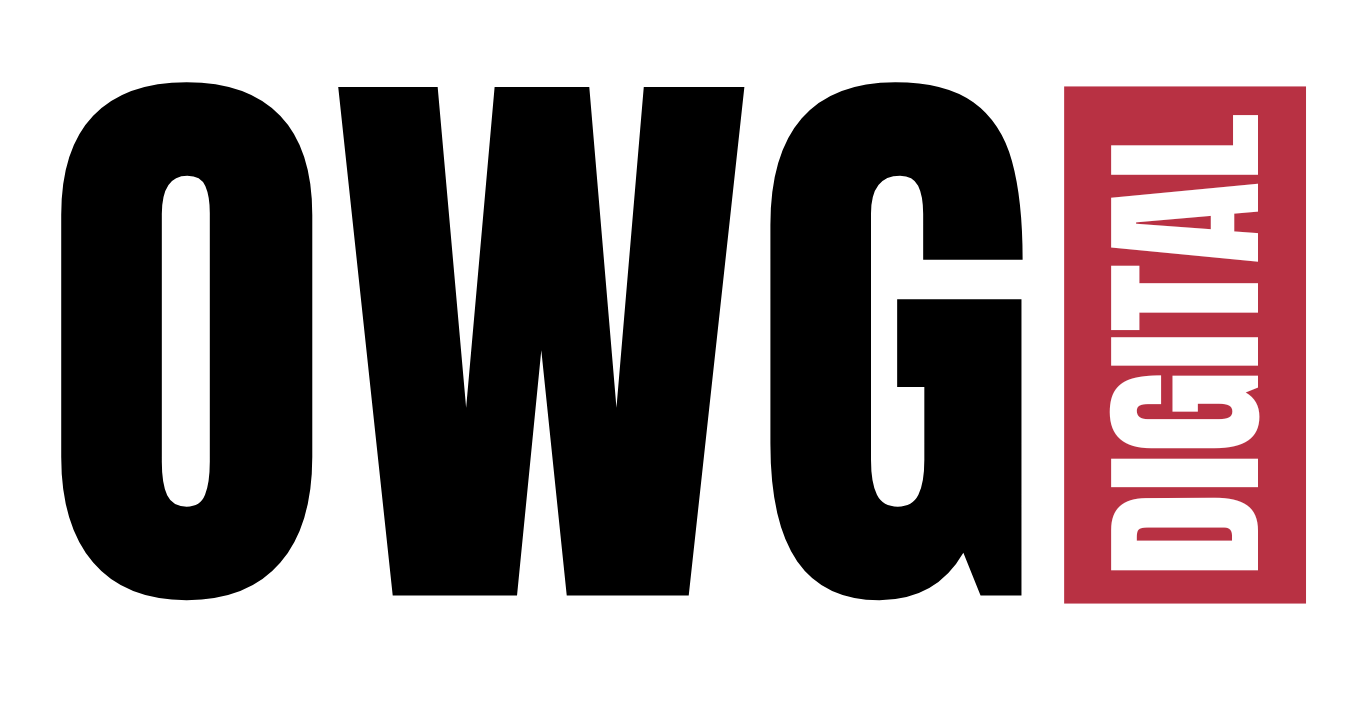 The owg digital logo is black and red on a white background.