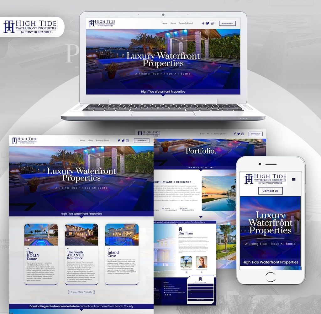 A luxury waterfowl properties website is displayed on a laptop