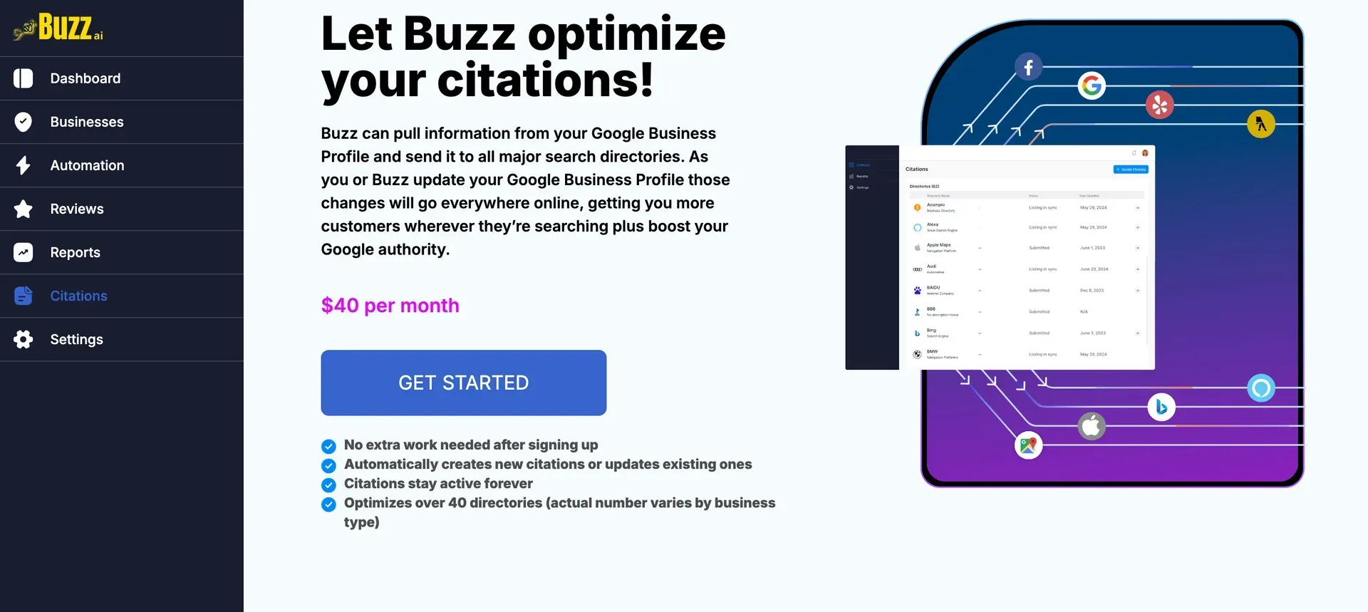 A screenshot of a website that says let buzz optimize your citations.