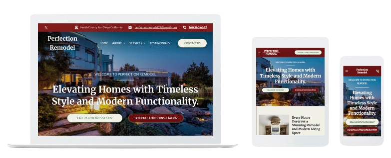 A laptop , tablet , and cell phone displaying a website for a real estate company.