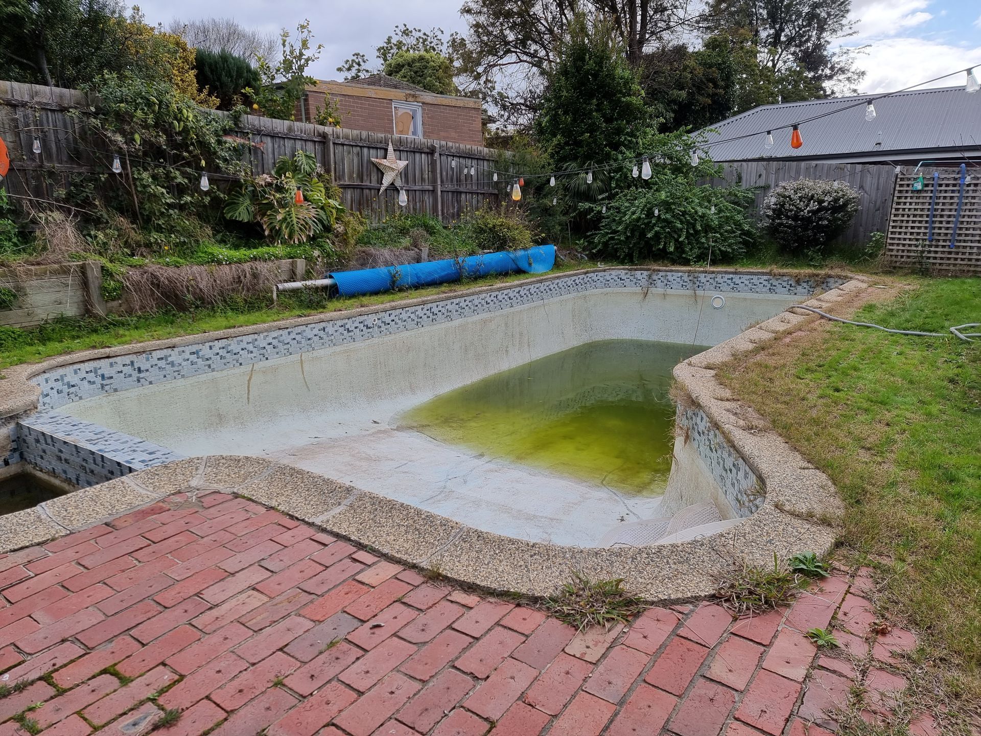 An Empty, Tiled Backyard Pool With Green Stagnant Water at the Deep End — All Over Pool Removals in Chadstone, VIC