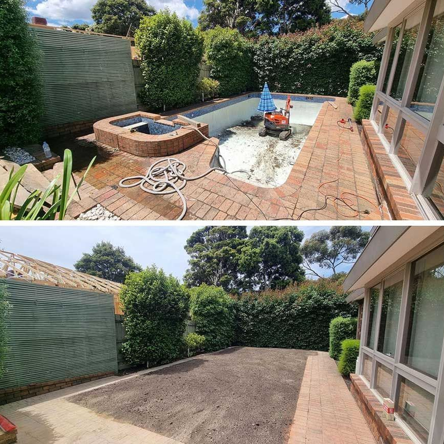 A Before-and-after Shot Showing a Backyard Swimming Pool Being Filled — All Over Pool Removals in Lilydale, VIC