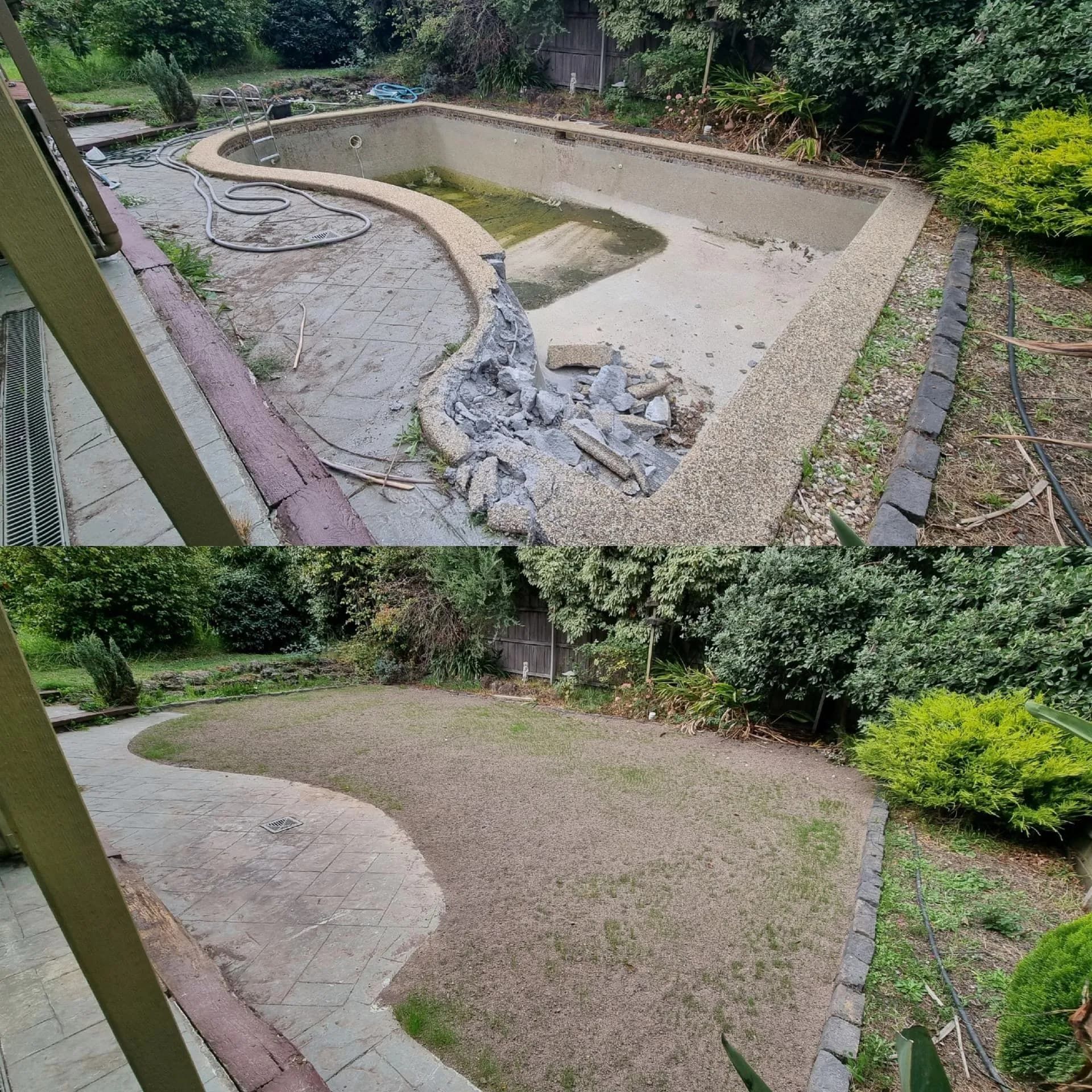 Top: Demolished Pool. Bottom: Pool Area Converted to Lawn — All Over Pool Removals in Upwey, VIC