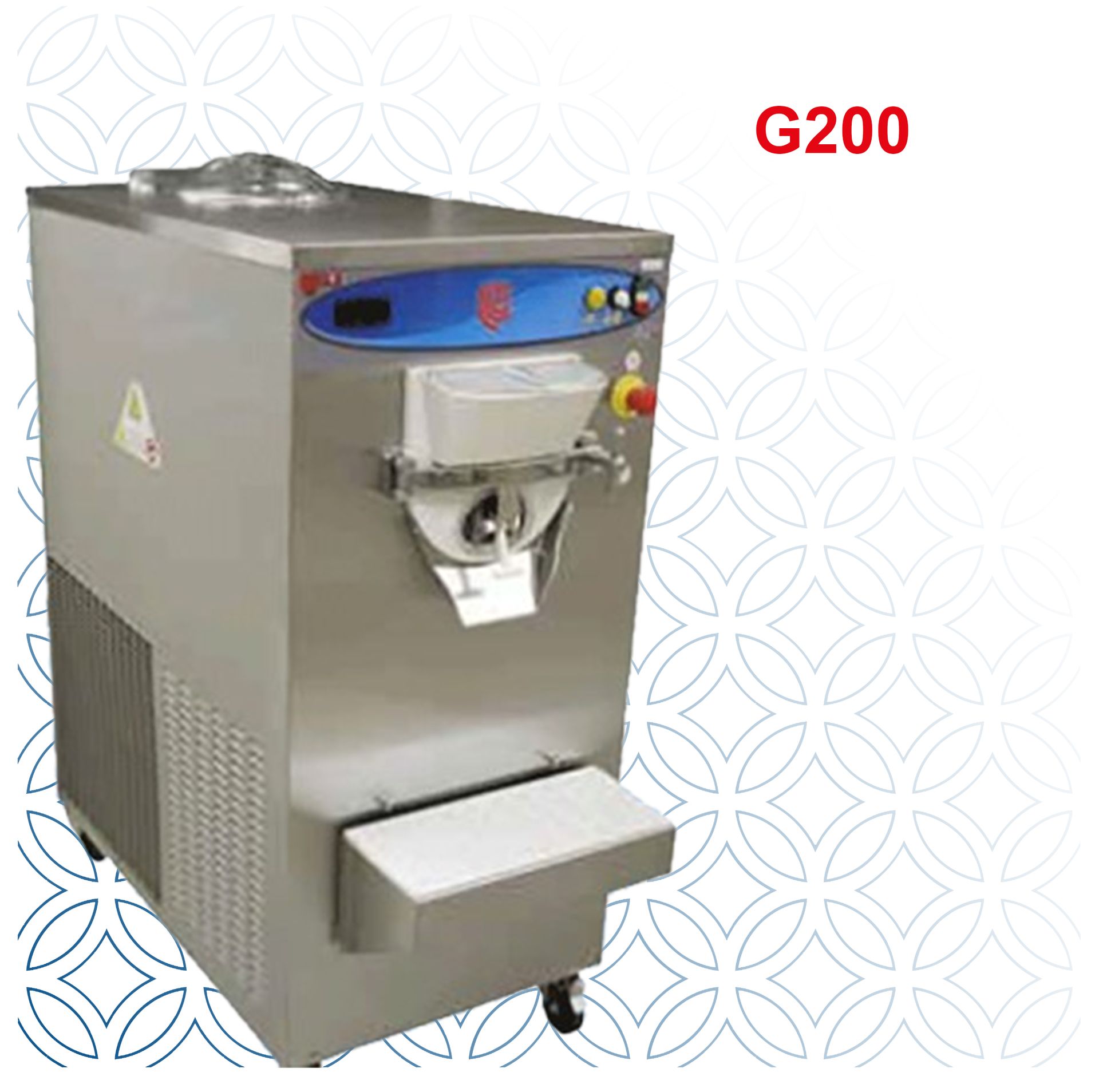 A stainless steel ice cream machine with the word g200 on it