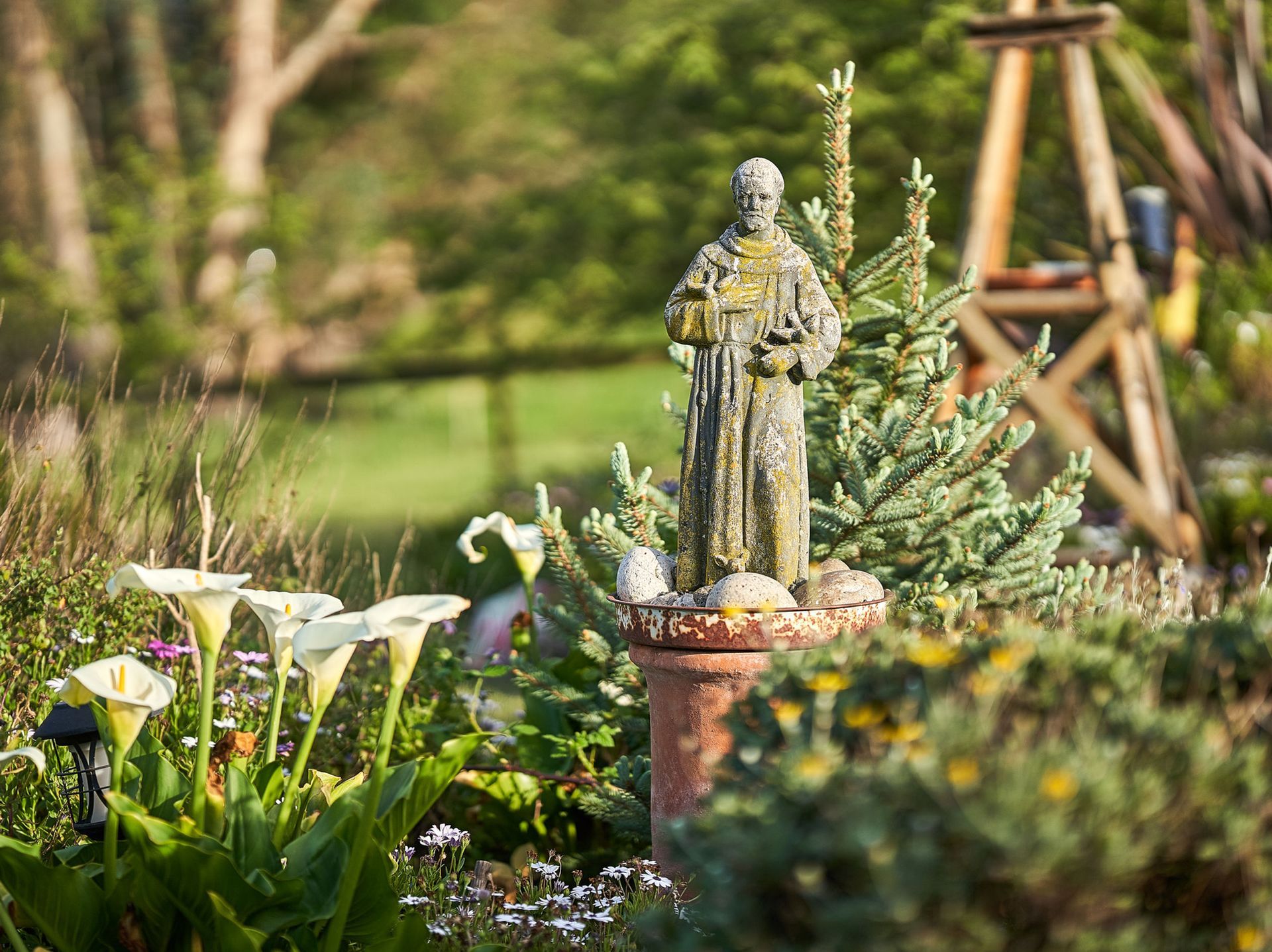 Statue of a saint on a pedestal in a garden, surrounded by plants and flowers.