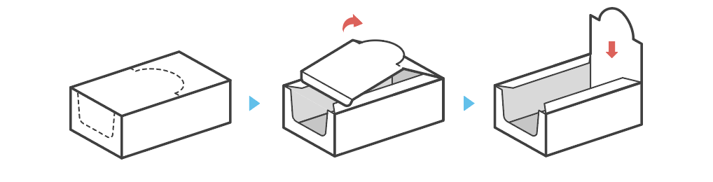 line drawing of shelf-ready packaging in various state of closed and opened