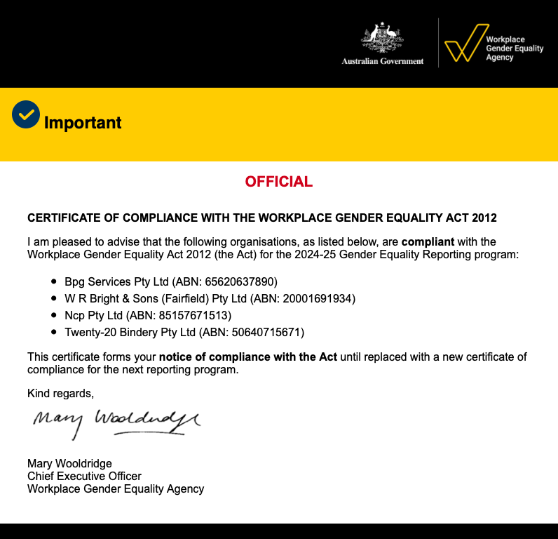 WGEA Report Certificate — Wetherill Park, NSW — Bright Print Group