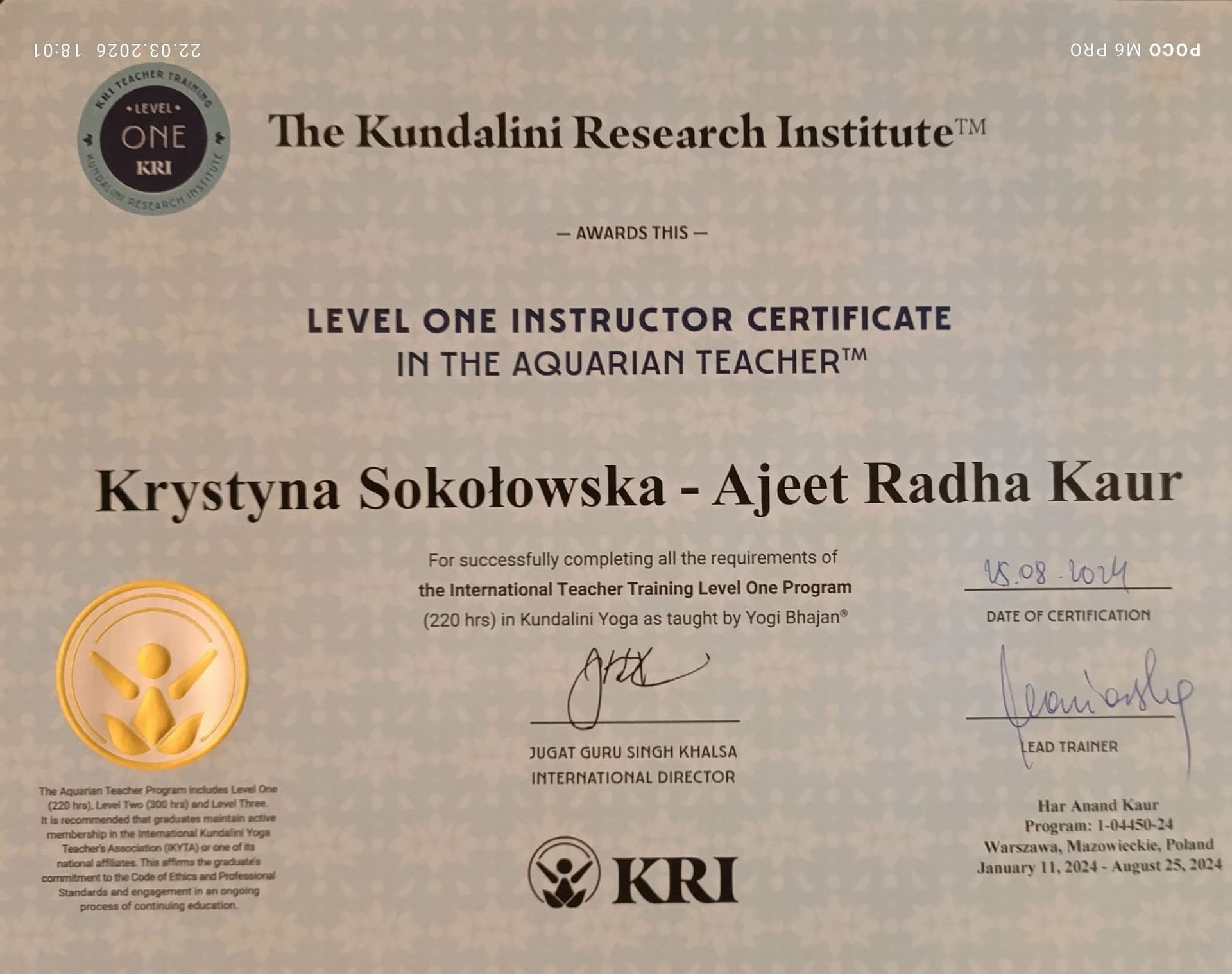 Certyfikat Instruktora I stopnia Instytutu Badań Kundalini wydany Krystynie Sokołowskiej ze stycznia