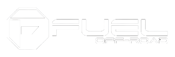 White logo for Fuel Off-Road featuring a stylized geometric icon and bold text on a black background.