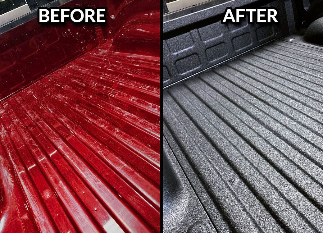 a before and after picture of a red truck bed