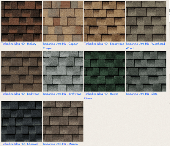 Grid of shingle samples in varied colors and textures, each labeled in blue text.