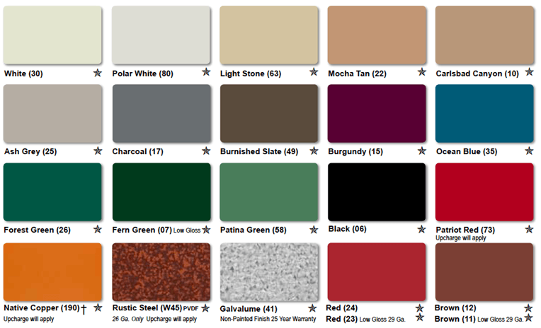 Color swatch chart of 15 labeled paint samples in muted neutrals, greens, grays, red, and brown.