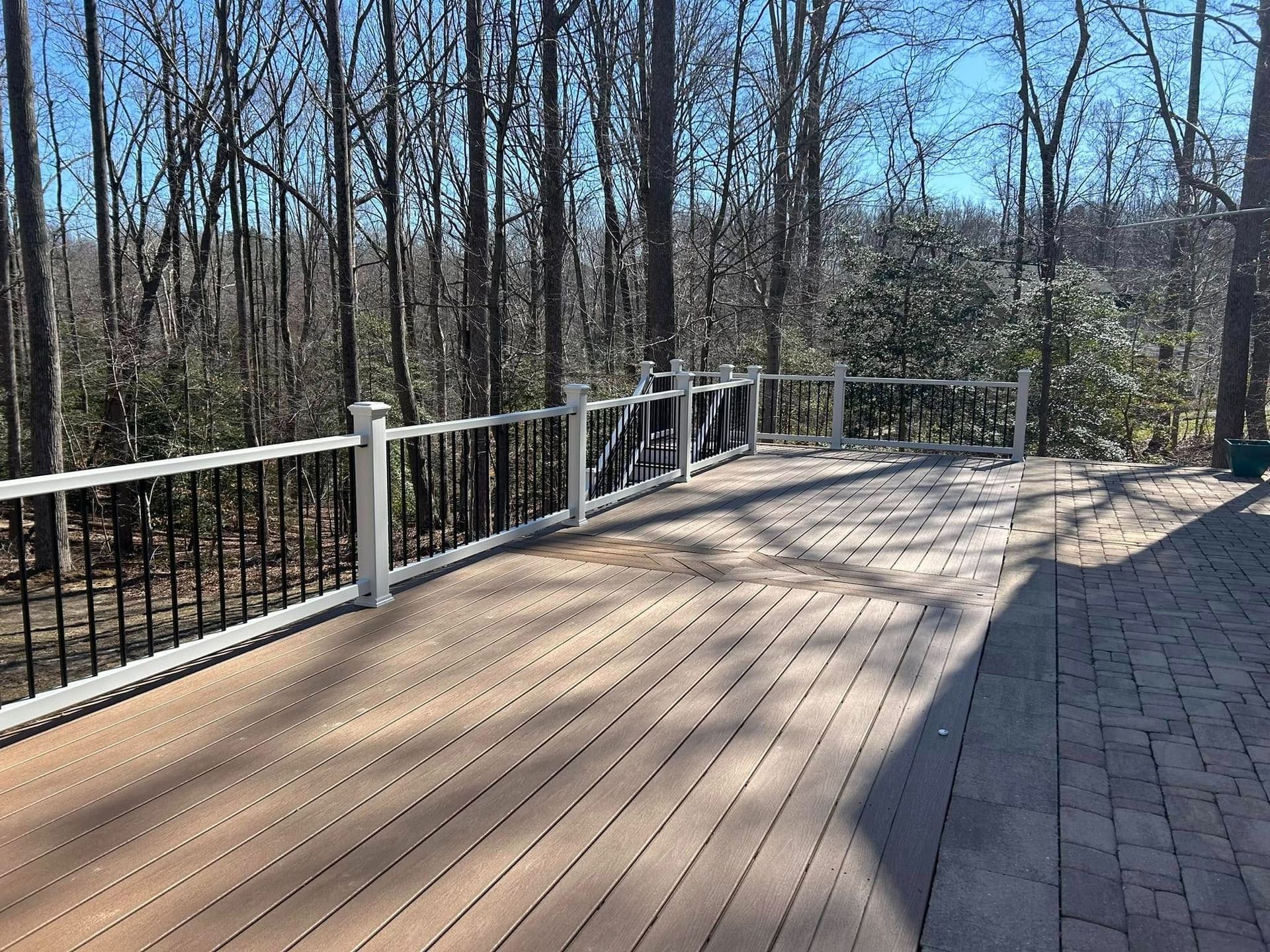Wooden boardwalk with white railings through a leafless wooded area on a sunny day