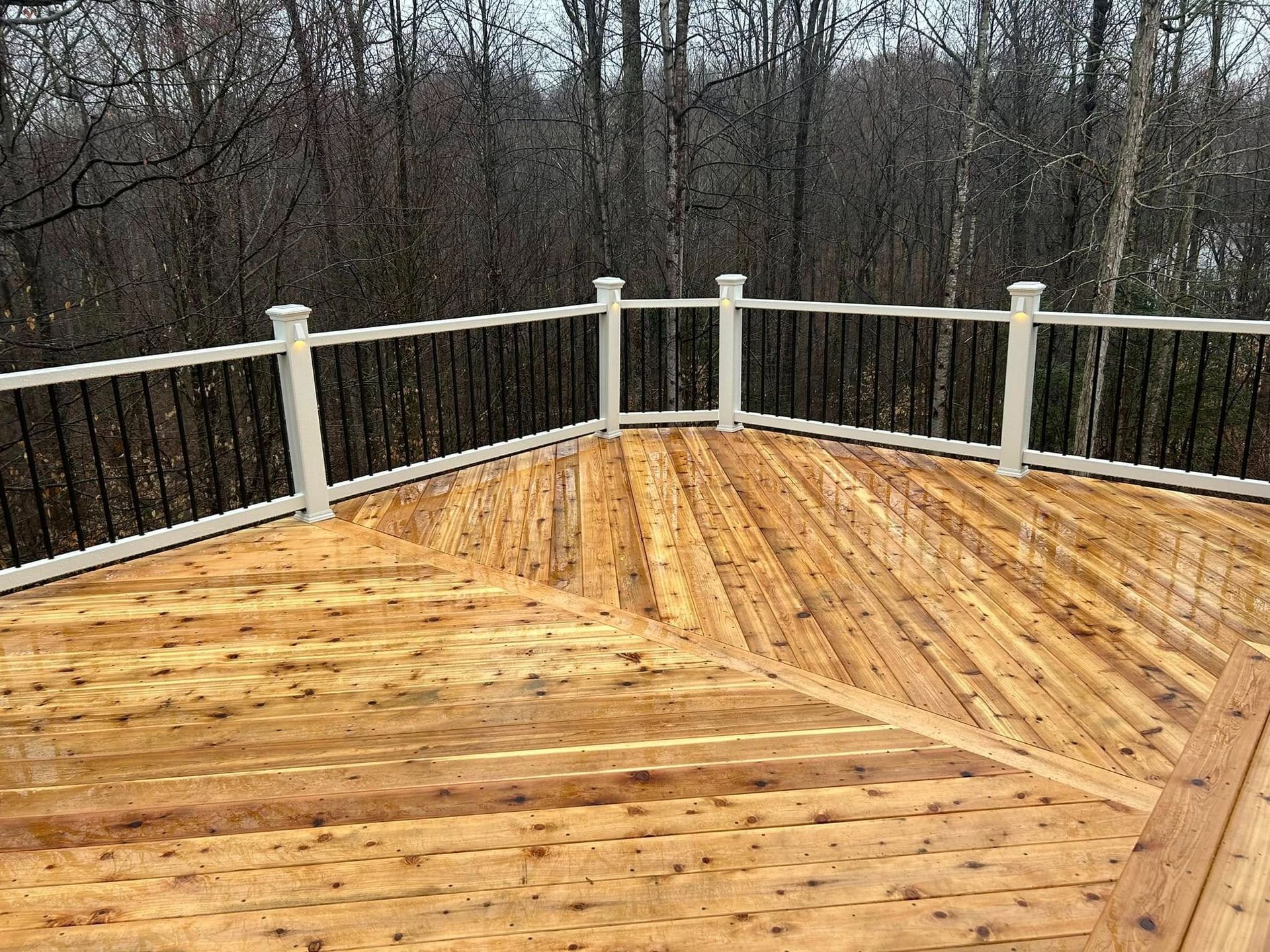 Wooden deck with white railing overlooking bare trees in winter