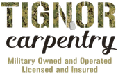 TIGNOR Carpentry logo with camouflage text and slogan &ldquo;Military Owned and Operated&rdquo;