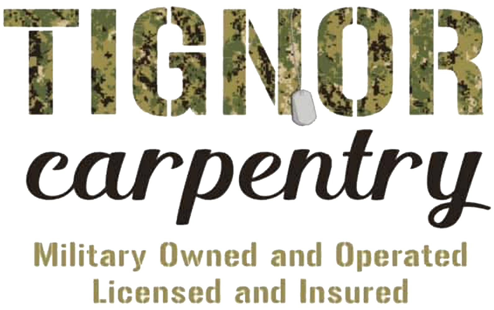 TIGNOR Carpentry logo with camouflage text and slogan &ldquo;Military Owned and Operated&rdquo;