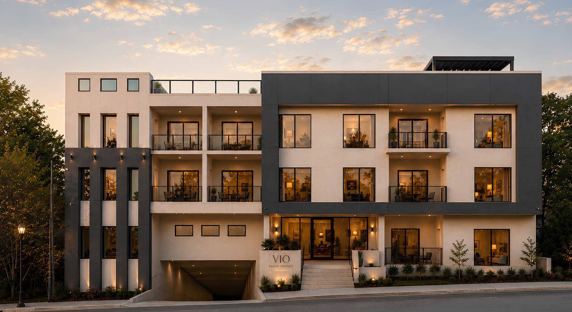 Rooftop deck with seating areas, bar, and pergola under a sunny sky.