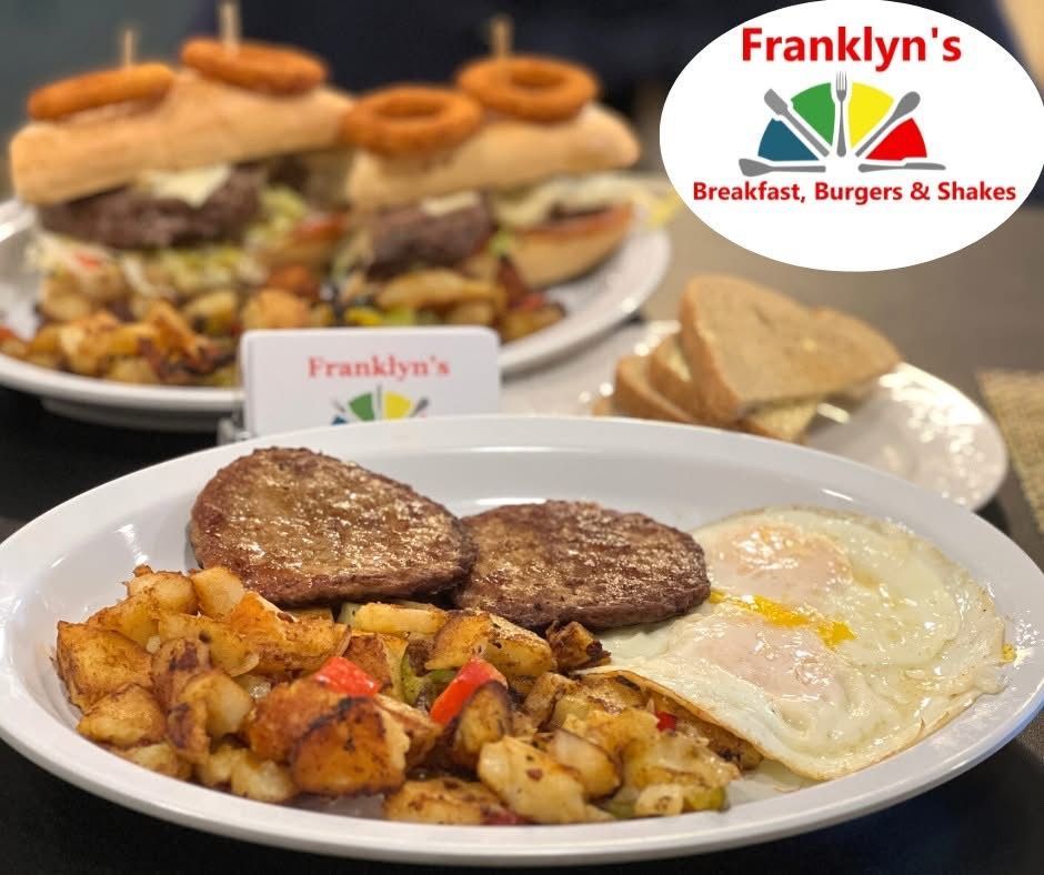 Plated breakfast with eggs, hash browns, and patties; Franklyn's logo in the background.