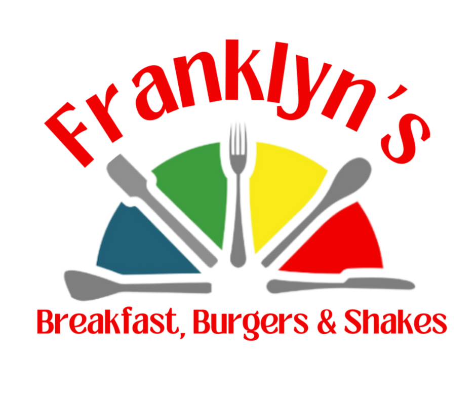 Franklyn’s diner logo with colorful serving tray and utensils, “Breakfast, Burgers & Shakes” text