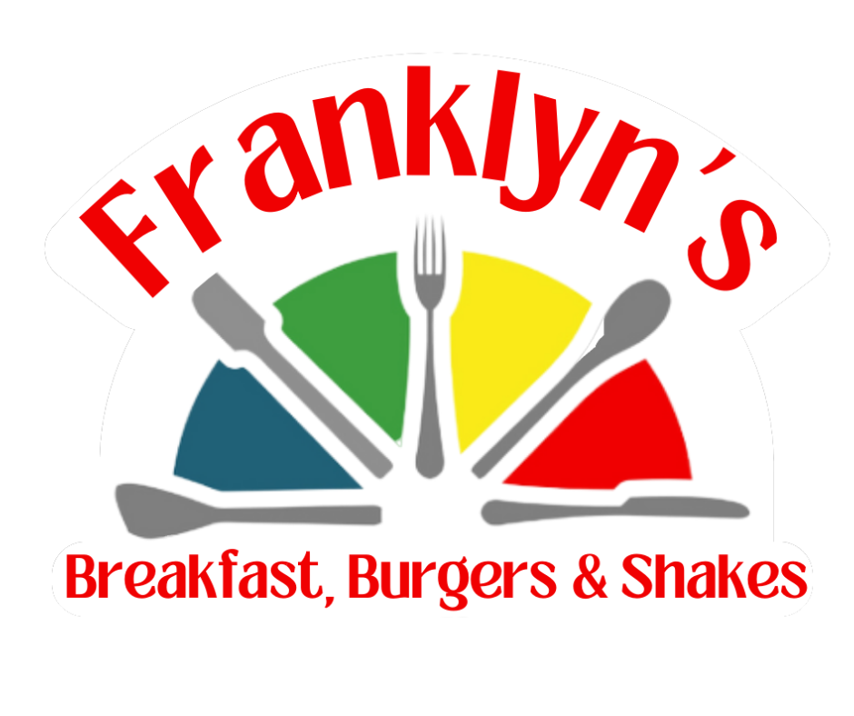 Franklyn’s restaurant logo with colorful plate and utensils, text: “Breakfast, Burgers & Shakes”