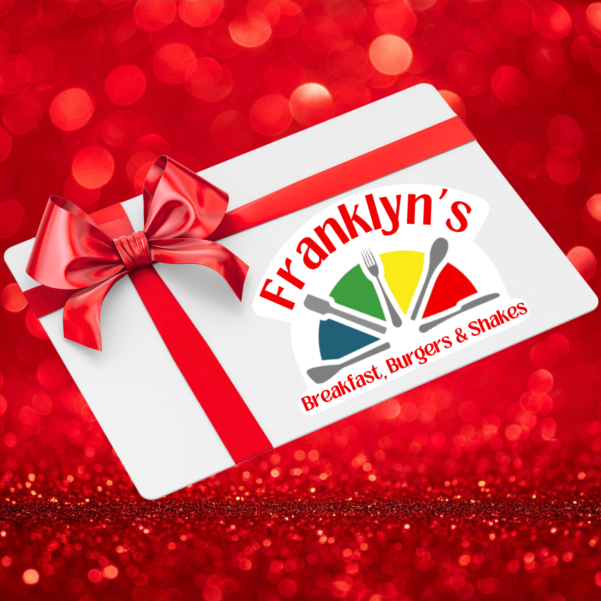 Franklyn’s gift card on red glitter background with ribbon bow