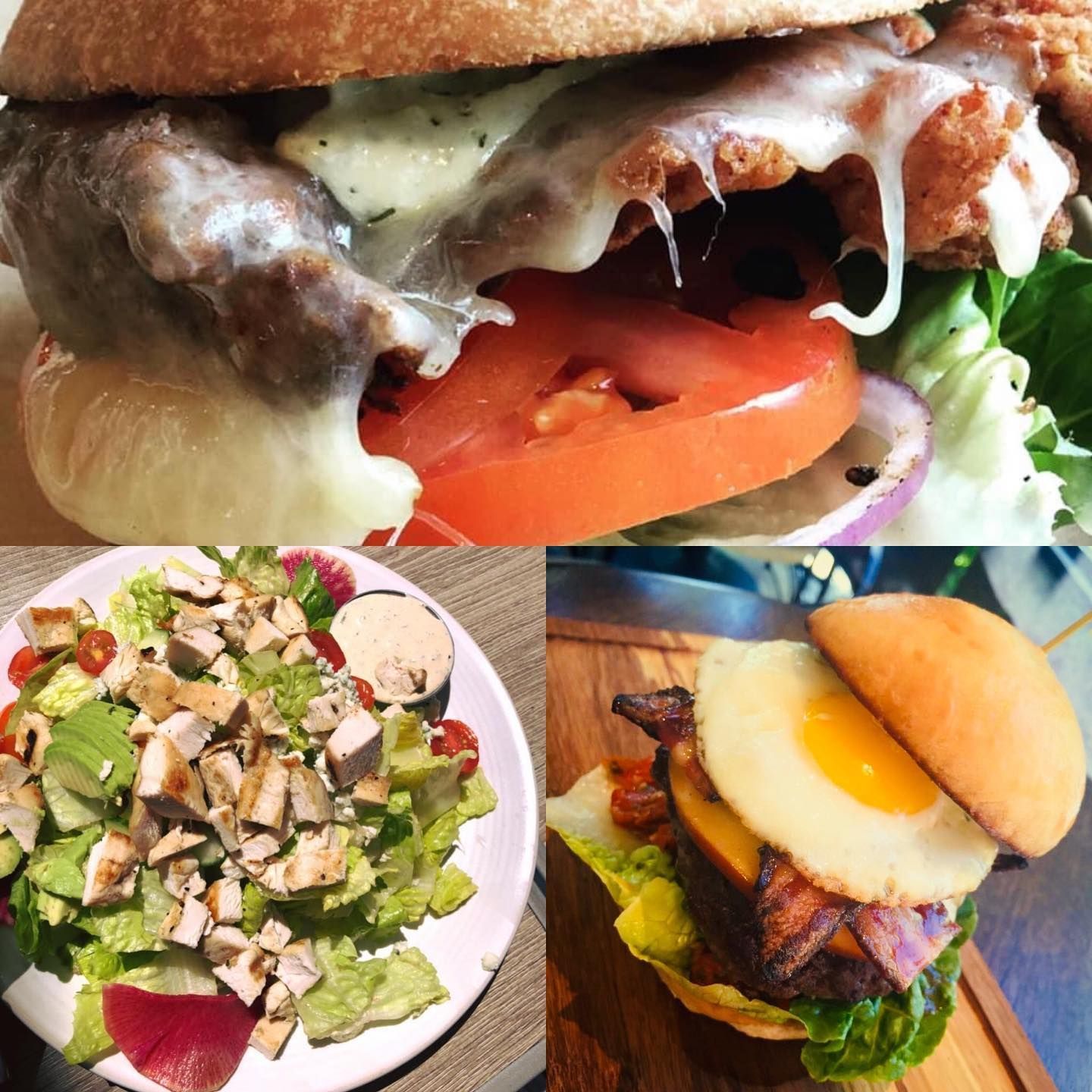 A hamburger a salad and a sandwich are shown in a collage