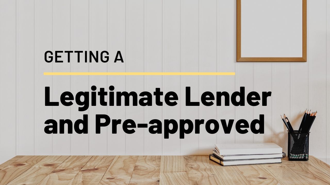 A wooden desk with a stack of books on it and the words `` getting a legitimate lender and pre-approved ''.