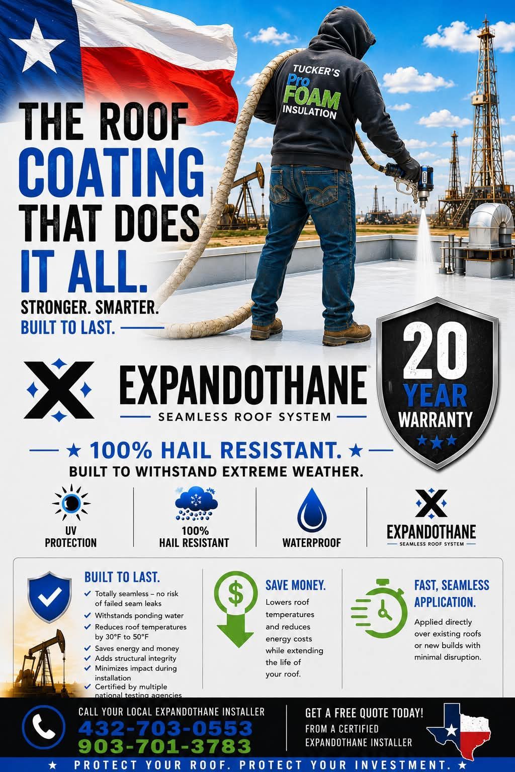 Roof coating ad with worker on roof, blue sky, and bold “The Roof Coating That Does It All” text.