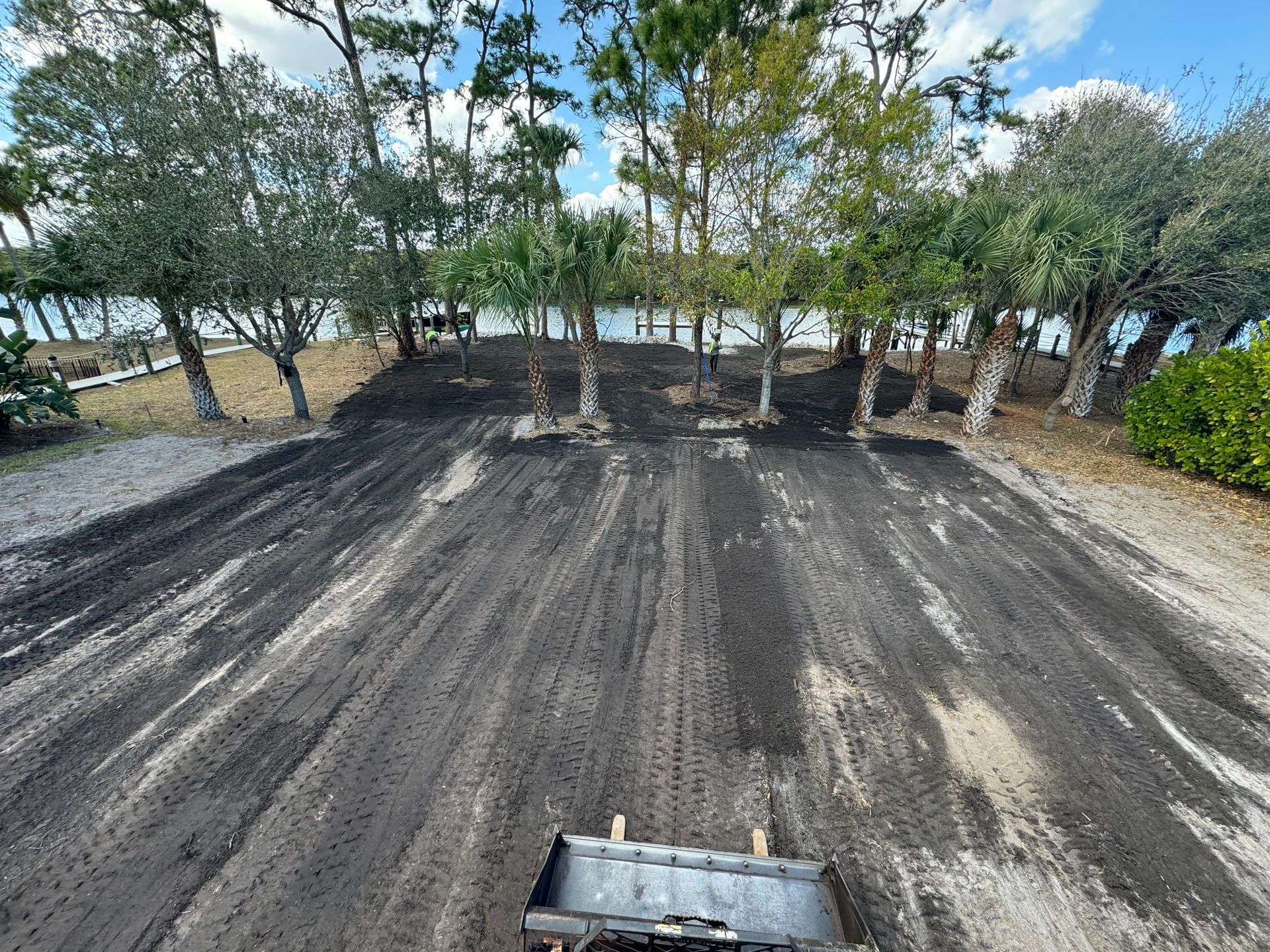 Freshly graded black soil lot with trees along the edges and a small metal bucket in the foreground