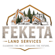 FEKETA Land Services logo with excavator and dump truck, brown and gray text, "Clearing the way. Building the future."