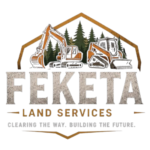 FEKETA Land Services logo with excavator and dump truck, brown and gray text, "Clearing the way. Building the future."