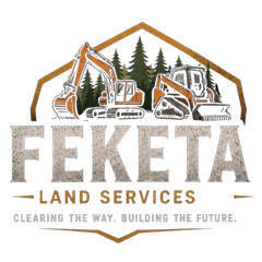 FEKETA Land Services logo with excavator and dump truck, brown and gray text, "Clearing the way. Building the future."
