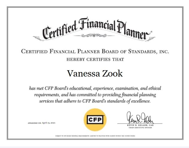 A certified financial planner certificate for vanessa zook