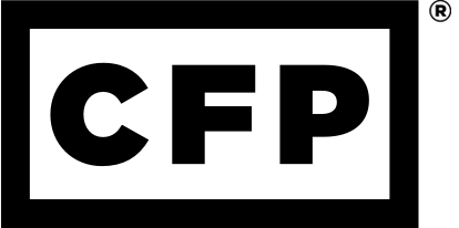 A black and white logo for a company called cfp